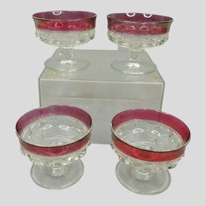 VTG Indiana Glass Red Flash King Crown Thumbprint Footed 3" Sherbet Glass Cups